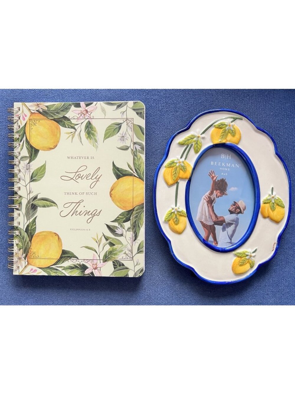 Lemon Journal & Photo 4x6 Frame Set Accessory Desk Philippians 4:8 Blue Yellow